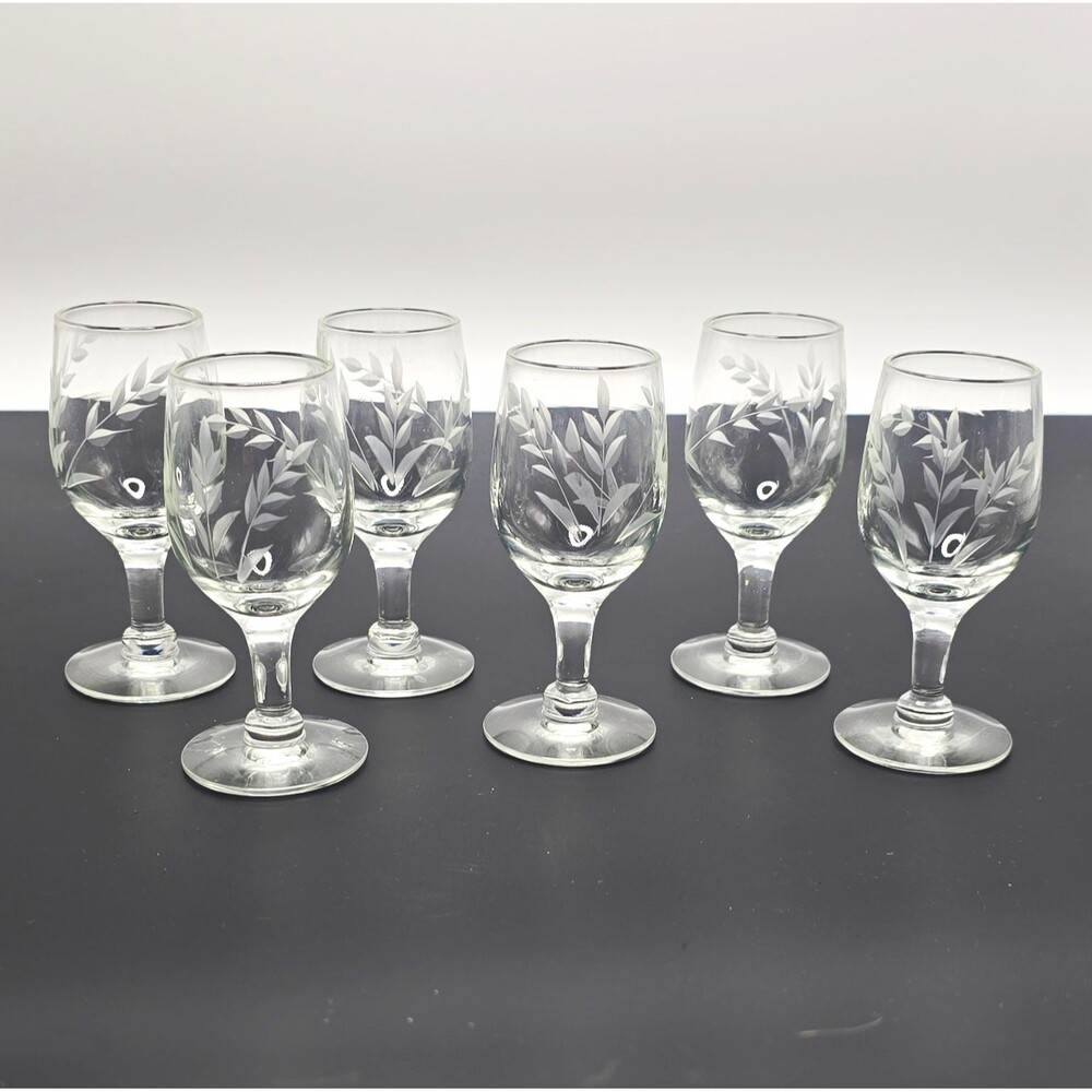 Vintage Etched Cordial Glasses Set of 6 Clear Pedestal Stemware Leaf Floral 3.75